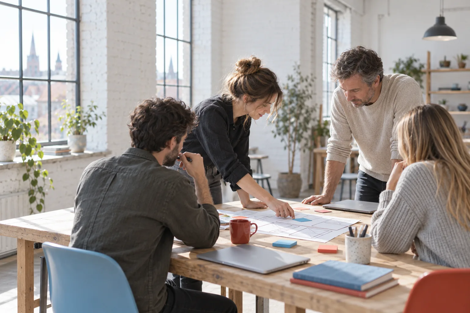 A web agency team discussing a project around a large table