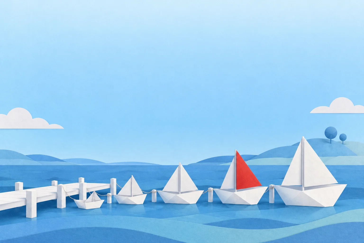 A paper harbour with boats of different sizes, one with a red sail