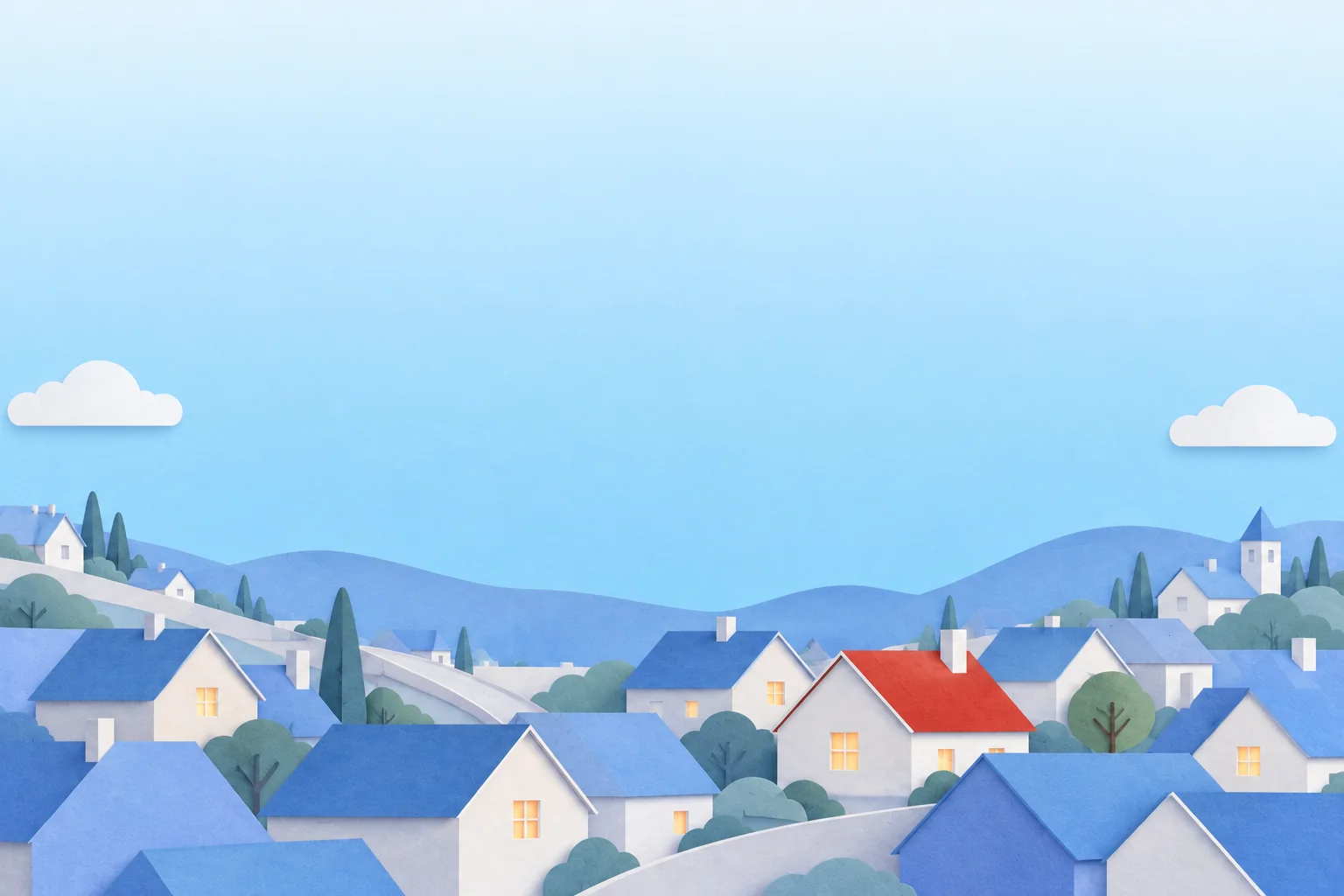 Paper houses, one with a red roof
