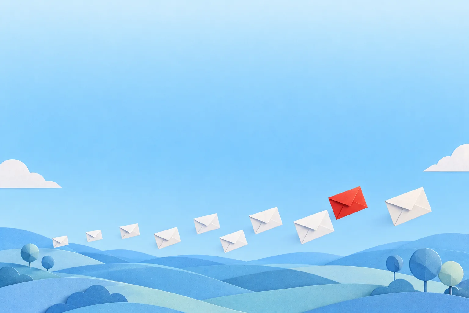 Paper envelopes flying like a flock of birds, one of them red