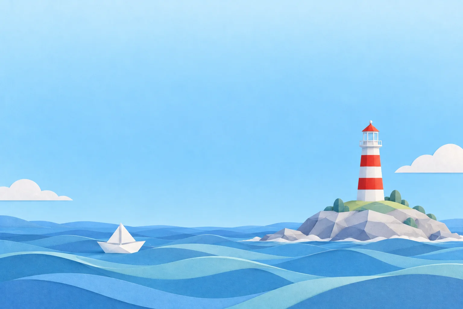 A red and white striped paper lighthouse by the sea