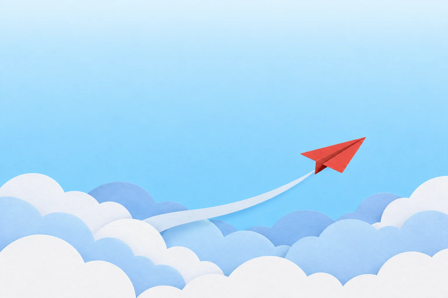 A red paper plane above paper clouds