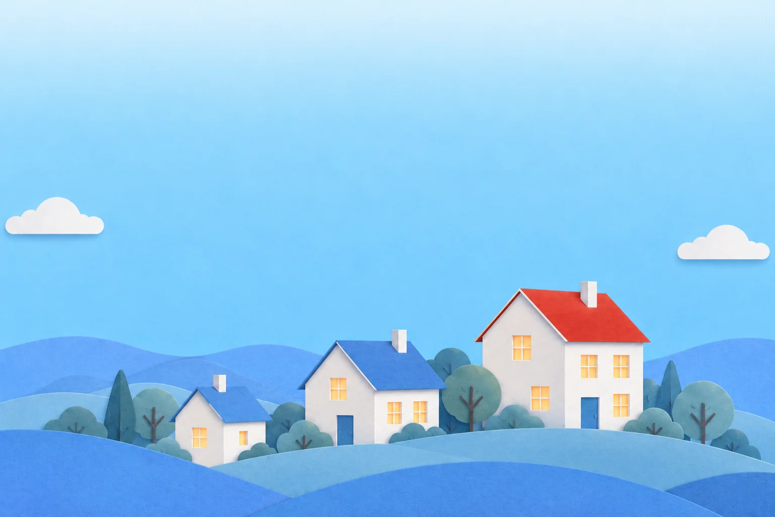 Three paper houses of different sizes, the largest with a red roof