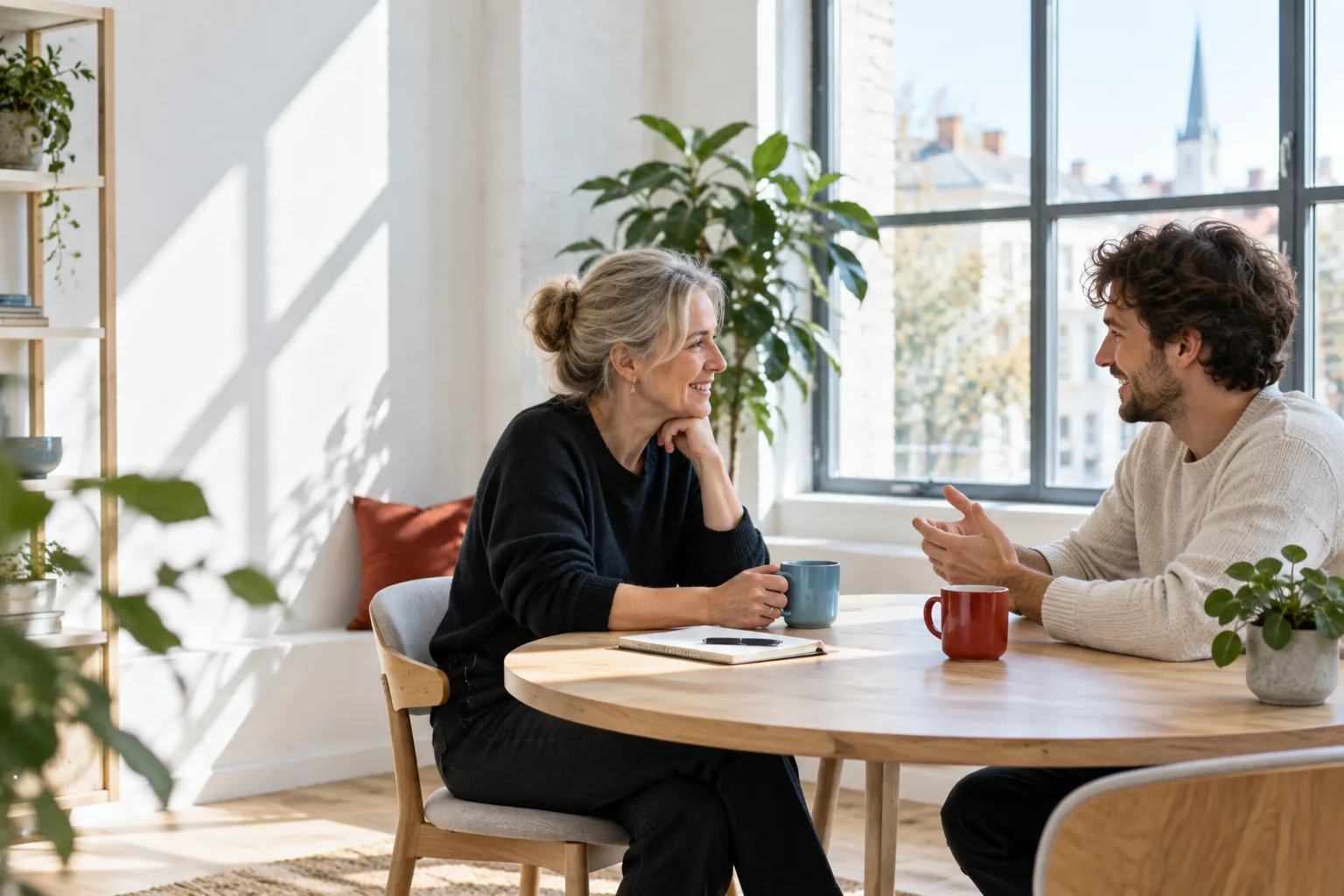 Two people discussing a project over coffee