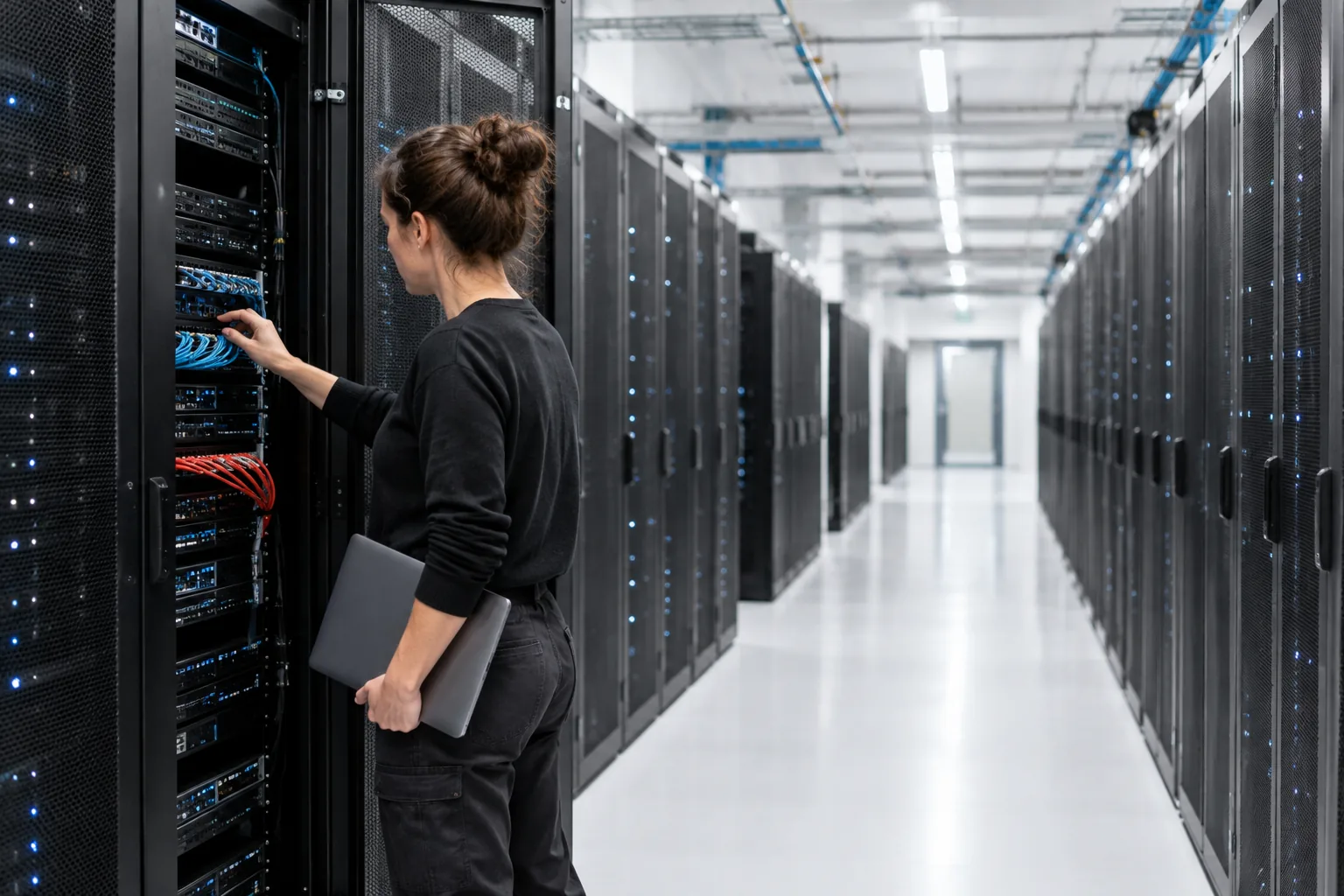 An engineer between server racks in a data centre
