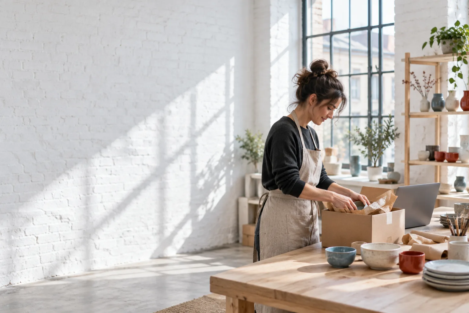 A ceramicist packing an online shop order in her studio